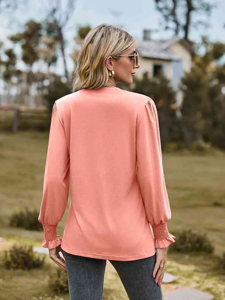 Notched Neck Flounce Sleeve Blouse Blouses - Tophatter Daily Deals