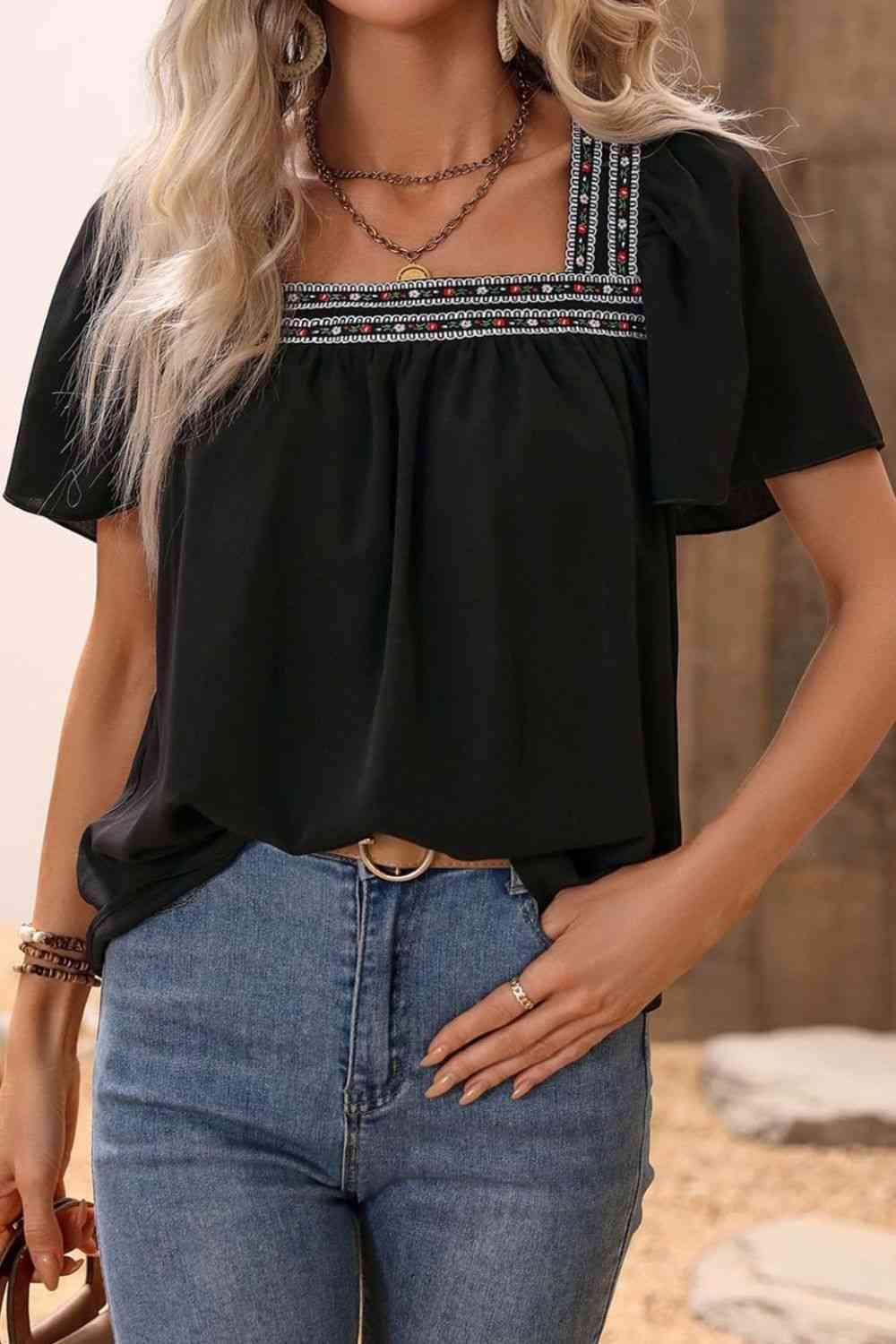 Contrast Square Neck Puff Sleeve Blouse Blouses - Tophatter Daily Deals