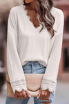 Spliced Lace V-Neck Ribbed Top White Women's T-Shirts - Tophatter Daily Deals