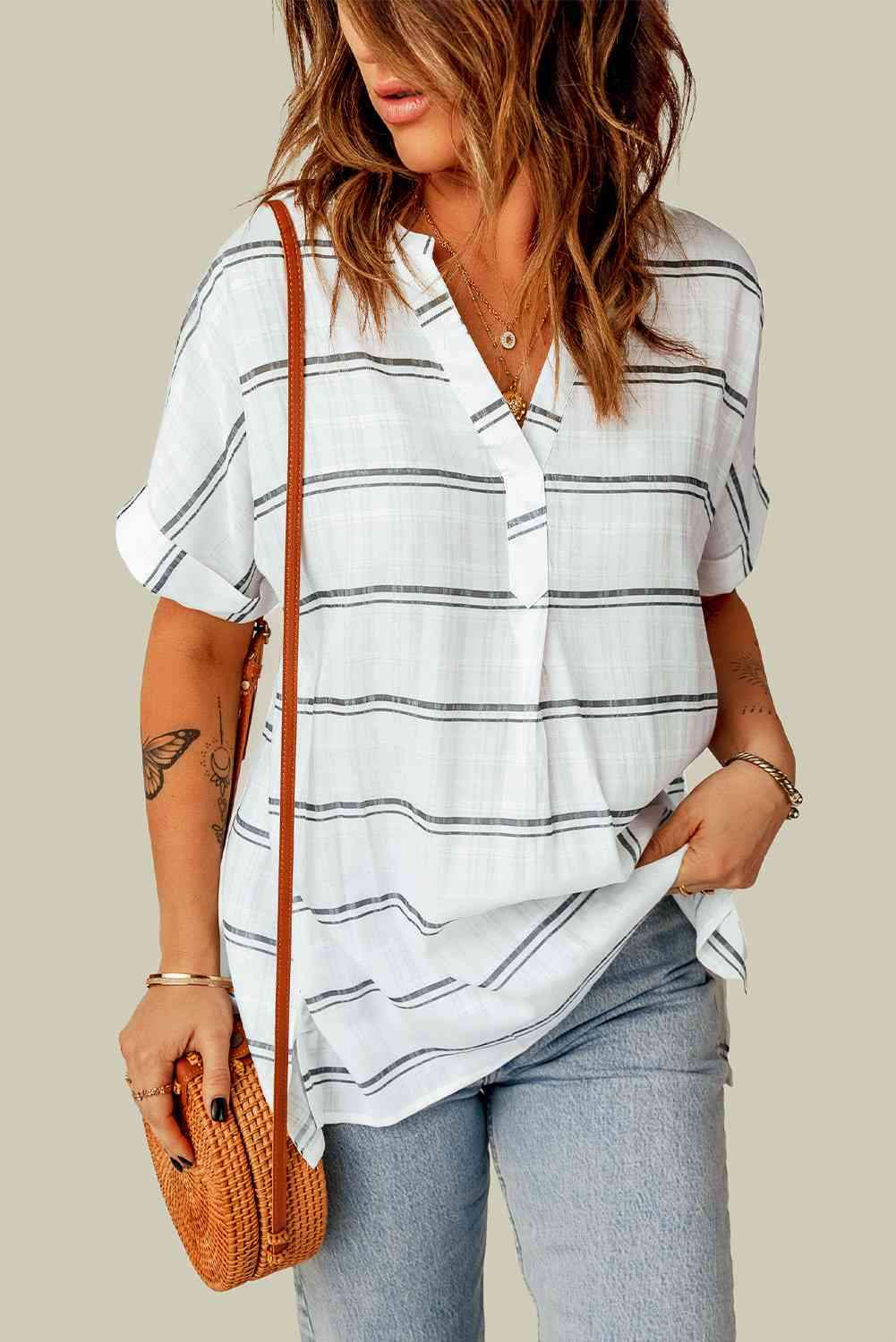 Notched Side Slit Cuffed Blouse Blouses - Tophatter Daily Deals