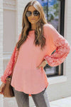 Spliced Lace Balloon Sleeve Waffle-Knit Tunic Top Blouses - Tophatter Daily Deals