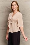 V-Neck Tie Front Half Sleeve Blouse Blouses - Tophatter Daily Deals