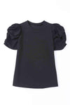 Round Neck Puff Sleeve Top Black Blouses - Tophatter Daily Deals