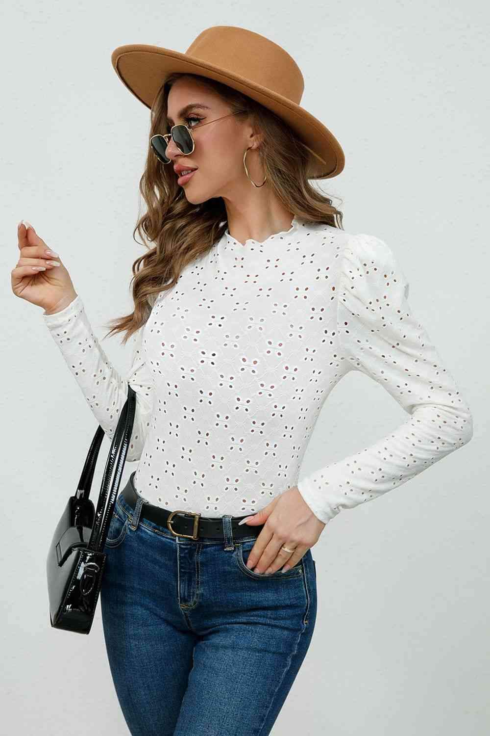 Round Neck Eyelet Long Sleeve Blouse Blouses - Tophatter Daily Deals