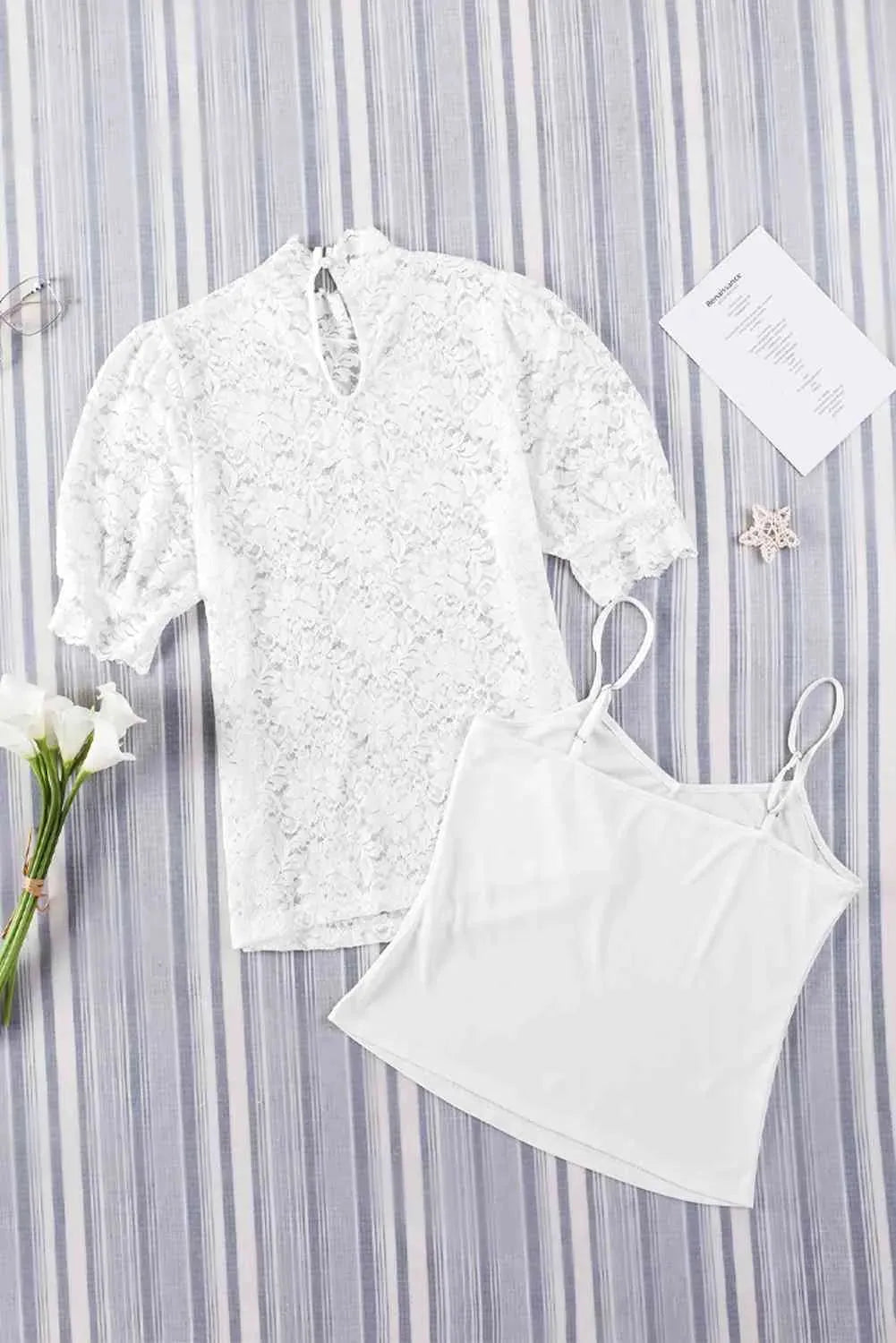 Lace Scalloped Short Puff Sleeve Top Blouses - Tophatter Daily Deals
