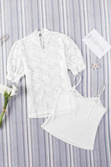 Lace Scalloped Short Puff Sleeve Top Blouses - Tophatter Daily Deals