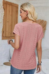 Eyelet Round Neck Rolled Short Sleeve T-Shirt Women's T-Shirts - Tophatter Daily Deals