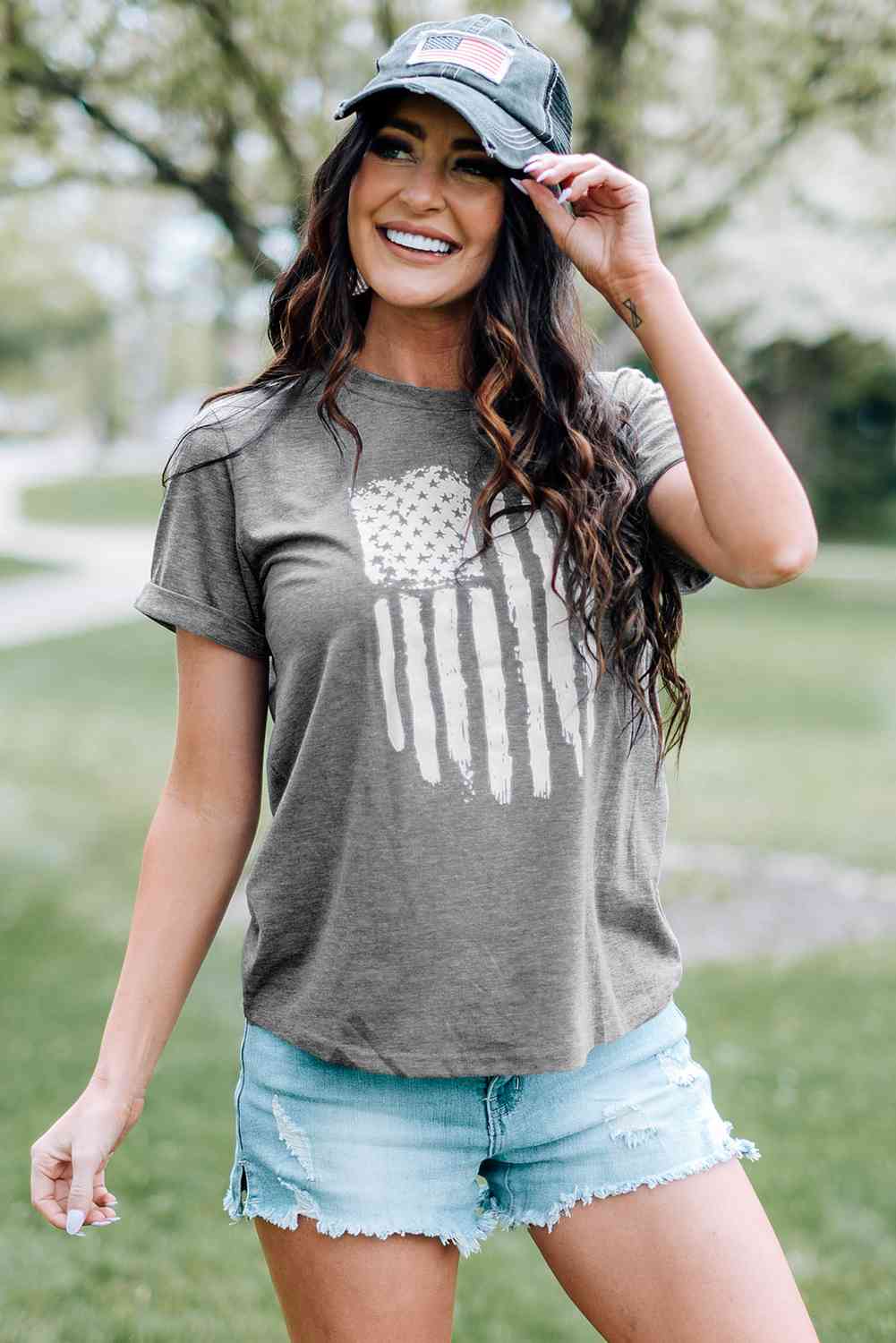 US Flag Graphic Cuffed Sleeve Tee Women's T-Shirts - Tophatter Daily Deals