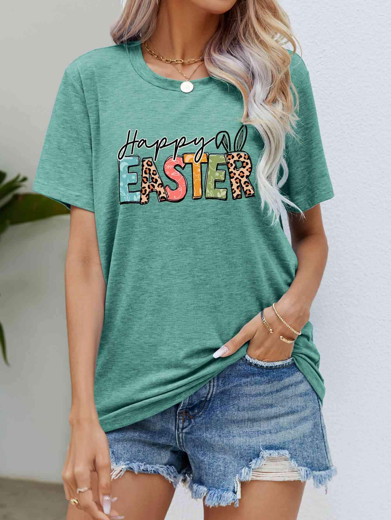 HAPPY EASTER Graphic Round Neck Tee Shirt Gum Leaf Women's T-Shirts - Tophatter Daily Deals