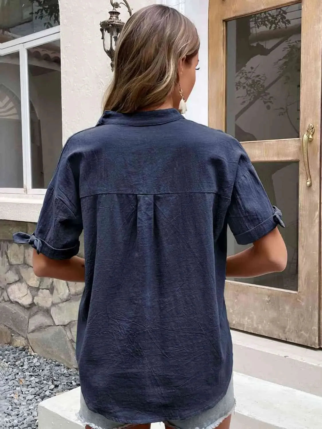 Buttoned Notched Neck Cuffed Sleeve Blouse Blouses - Tophatter Daily Deals