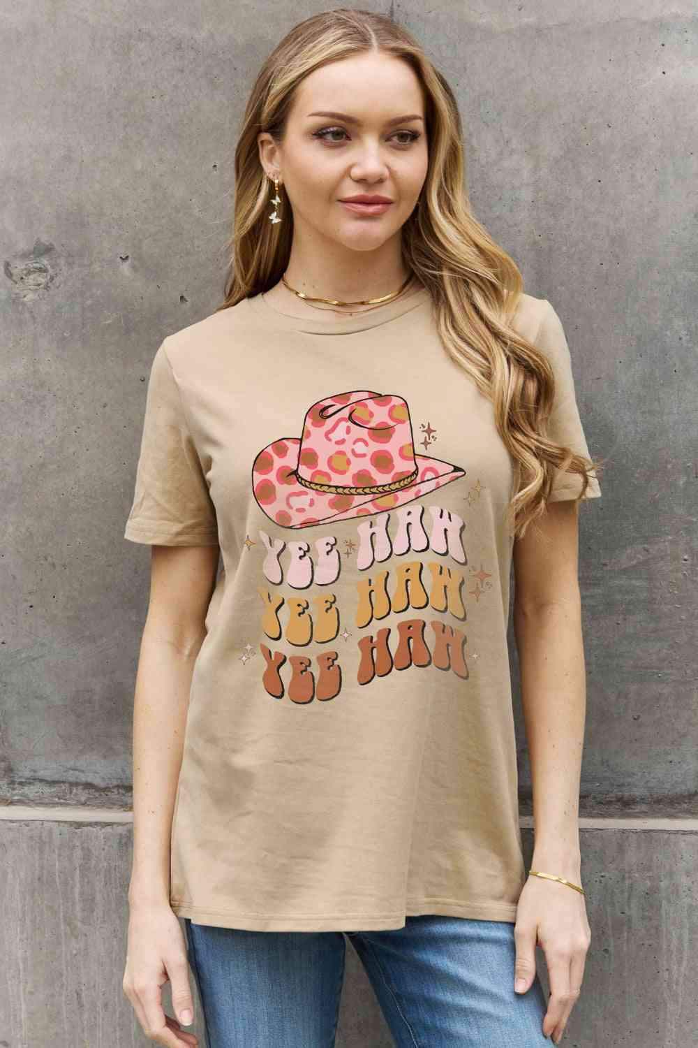 Simply Love Simply Love Full Size YEE HAH YEE HAH YEE HAH Graphic Cotton Tee Taupe Women's T-Shirts - Tophatter Daily Deals