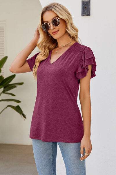 Ruffled V-Neck Flutter Sleeve T-Shirt Women's T-Shirts - Tophatter Daily Deals