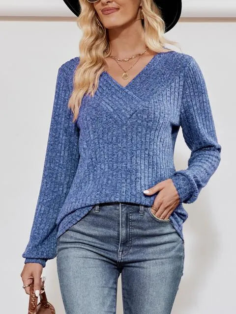 V-Neck Ribbed Long Sleeve Top Blouses - Tophatter Daily Deals