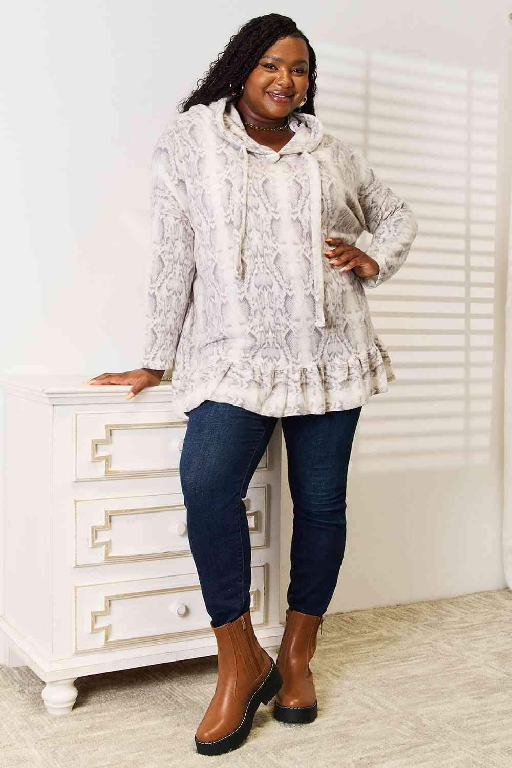 Jade By Jane Full Size Snakeskin Print Ruffle Hem Hoodie Blouses - Tophatter Daily Deals