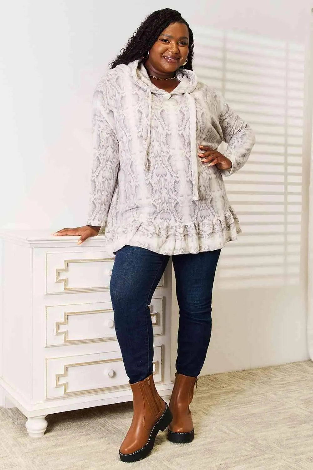 Jade By Jane Full Size Snakeskin Print Ruffle Hem Hoodie Blouses - Tophatter Daily Deals