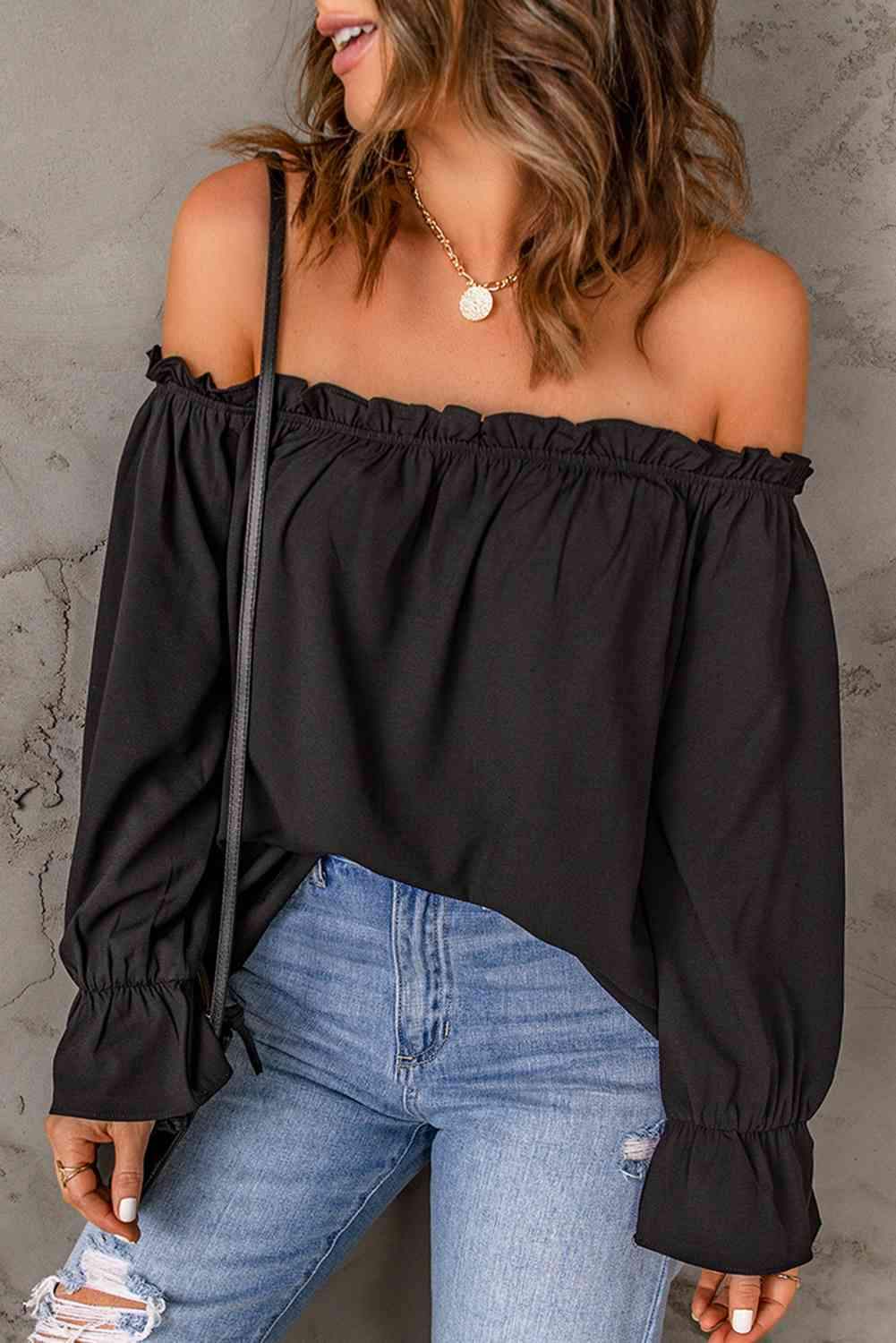 Off-Shoulder Flounce Sleeve Blouse Black Blouses - Tophatter Daily Deals