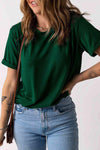 Round Neck Cuffed Short Sleeve Tee Green Women's T-Shirts - Tophatter Daily Deals