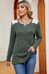 Eyelet Ribbed Round Neck Long Sleeve T-Shirt Women's T-Shirts - Tophatter Daily Deals