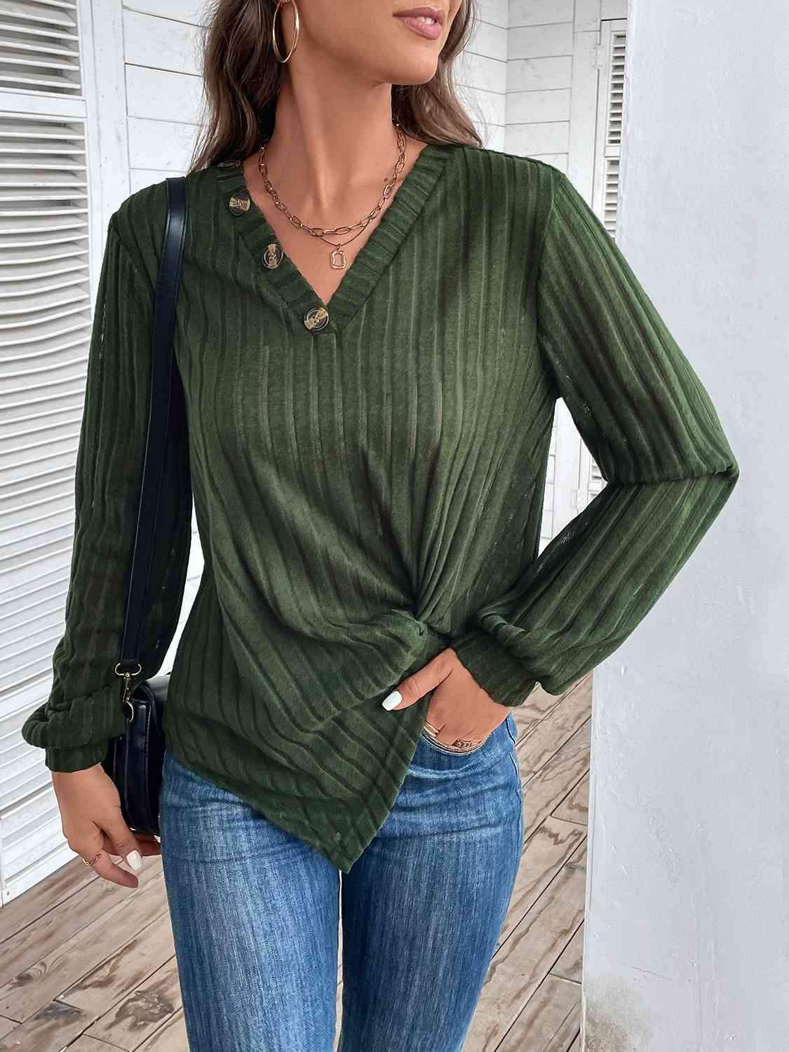 Twisted V-Neck Buttoned Long Sleeve T-Shirt Green Women's T-Shirts - Tophatter Daily Deals