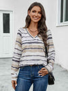 Striped V-Neck Long Sleeve T-Shirt Light Gray Women's T-Shirts - Tophatter Daily Deals