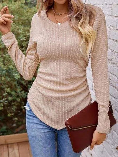 Textured Ruched V-Neck Long Sleeve T-Shirt Women's T-Shirts - Tophatter Daily Deals