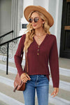 Cable-Knit Long Sleeve V-Neck T-Shirt Wine Women's T-Shirts - Tophatter Daily Deals