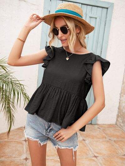 Lace Detail Round Neck Peplum T-Shirt Women's T-Shirts - Tophatter Daily Deals