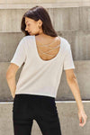 And The Why Pearly White Full Size Criss Cross Pearl Detail Open Back T-Shirt Off White Women's T-Shirts - Tophatter Daily Deals