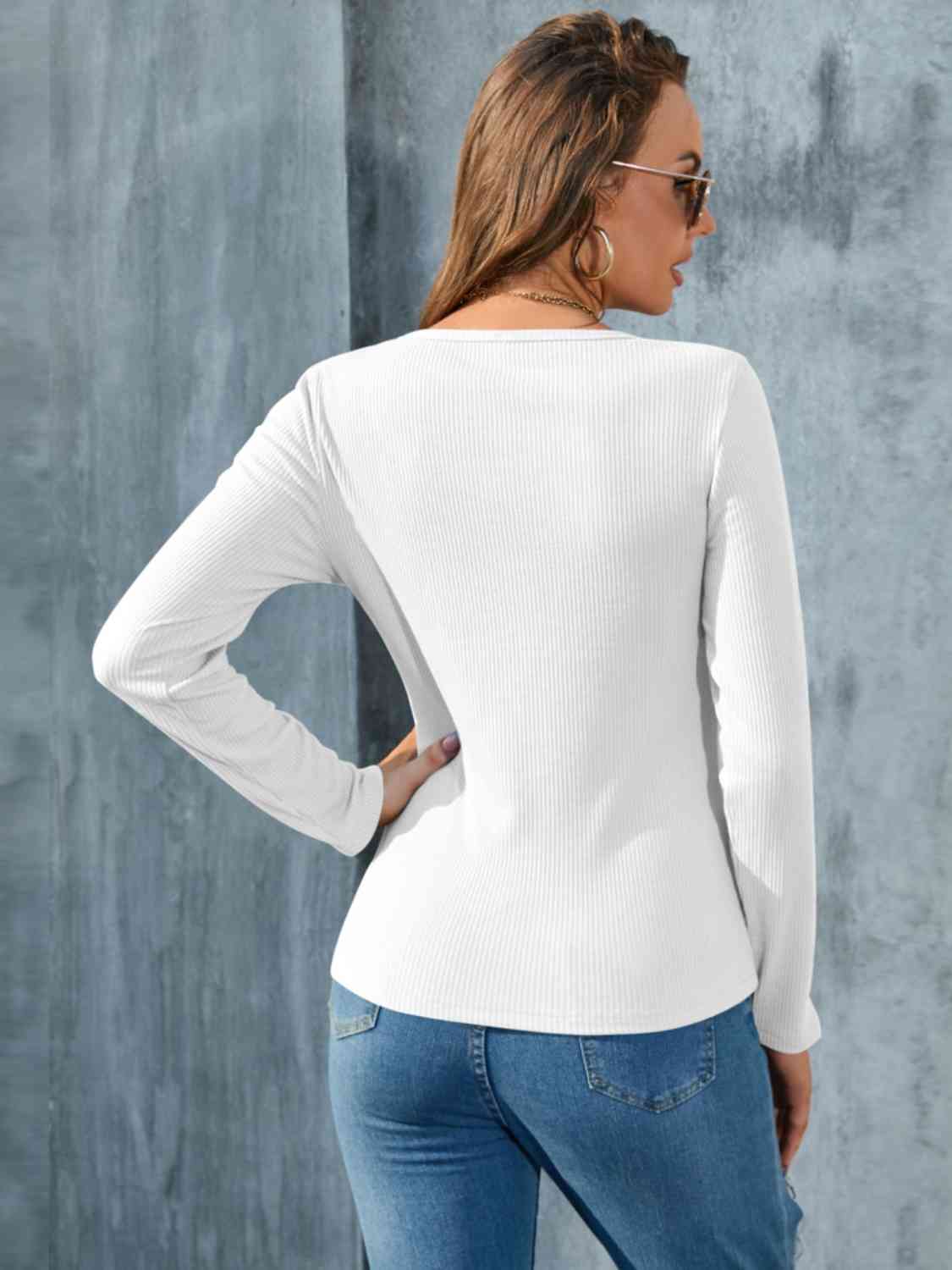 Buttoned Round Neck Long Sleeve T-Shirt Women's T-Shirts - Tophatter Daily Deals