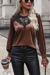 Lace Detail Round Neck Smocked Flounce Sleeve Blouse Chestnut Blouses - Tophatter Daily Deals