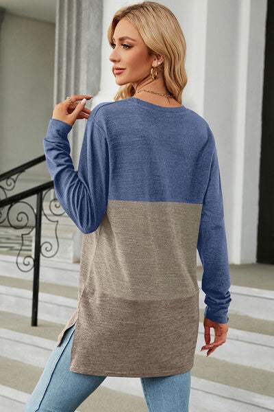 Color Block Round Neck Long Sleeve T-Shirt Women's T-Shirts - Tophatter Daily Deals