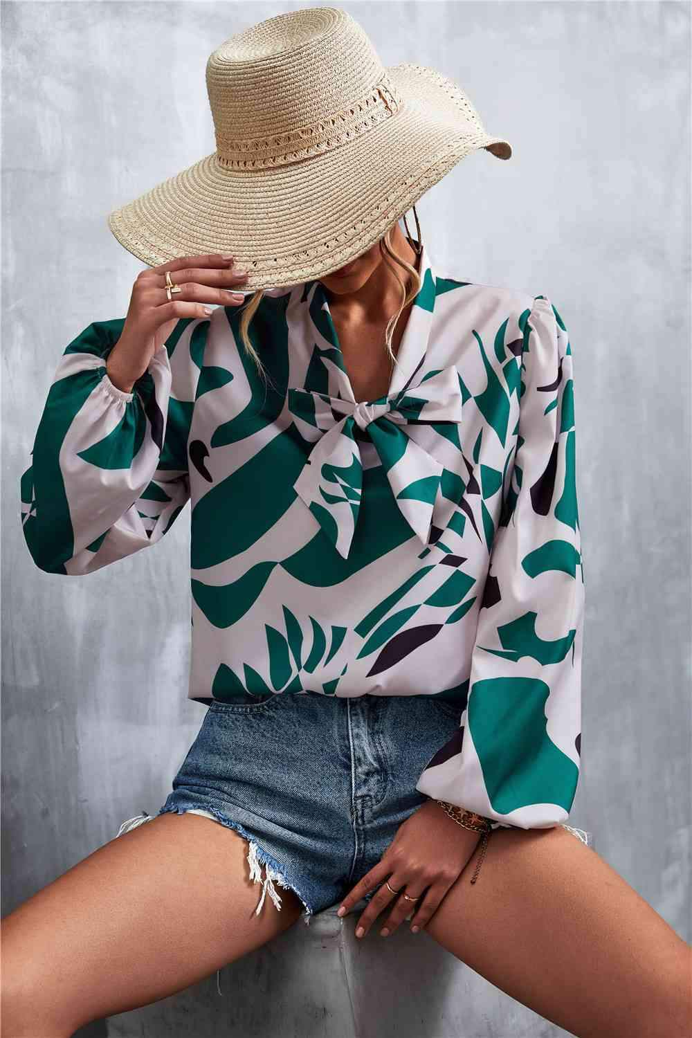 Printed Tie Neck Puff Sleeve Blouse Blouses - Tophatter Daily Deals