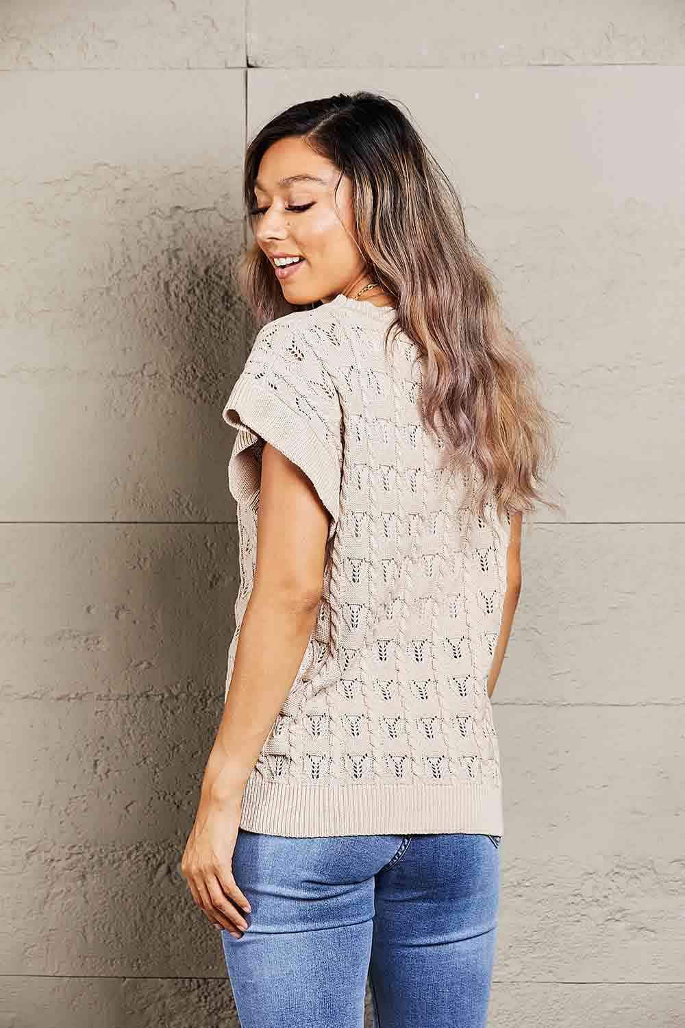 Double Take Round Neck Short Sleeve Cable-Knit Top Blouses - Tophatter Daily Deals