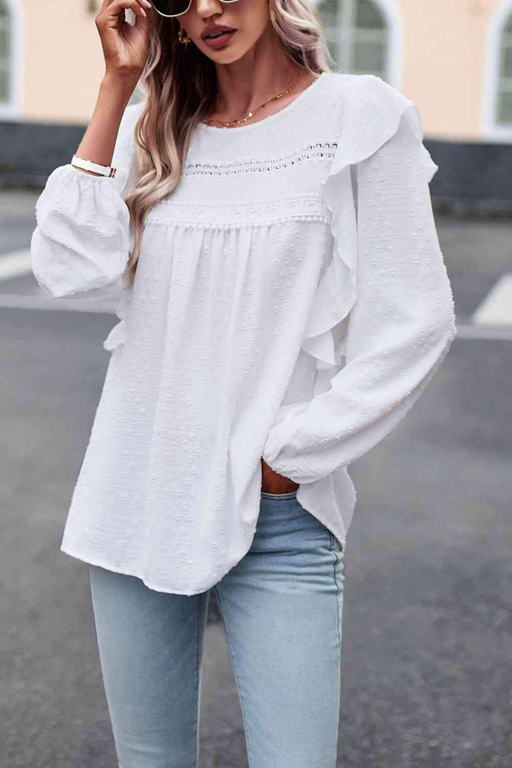 Round Neck Ruffled Blouse Blouses - Tophatter Daily Deals