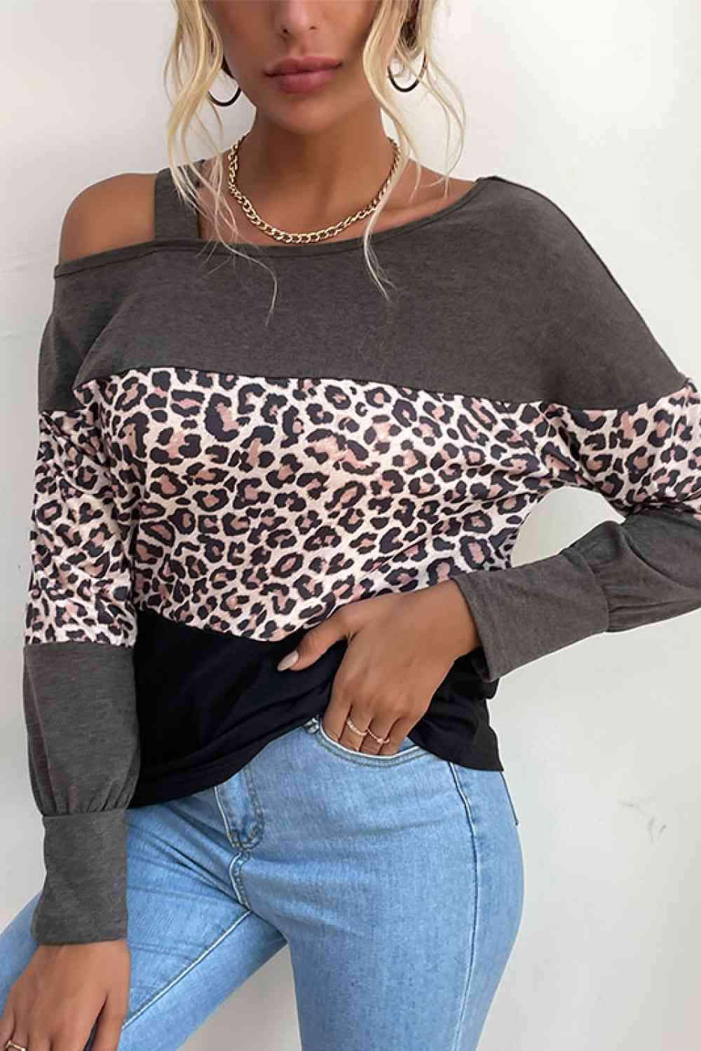 Leopard Print Color Block Cold Shoulder Top Blouses - Tophatter Daily Deals