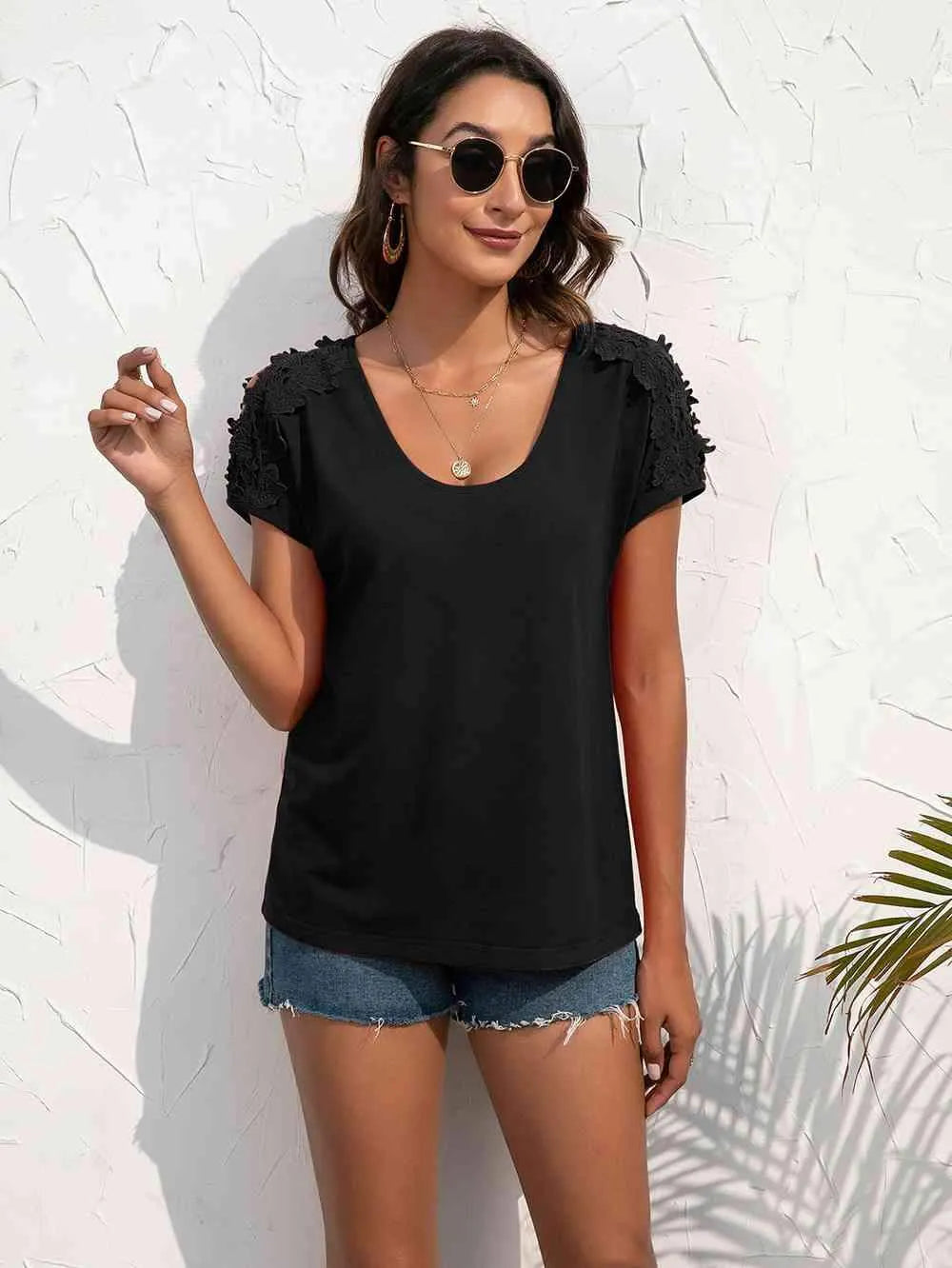 Spliced Lace Cold-Shoulder Blouse Blouses - Tophatter Daily Deals