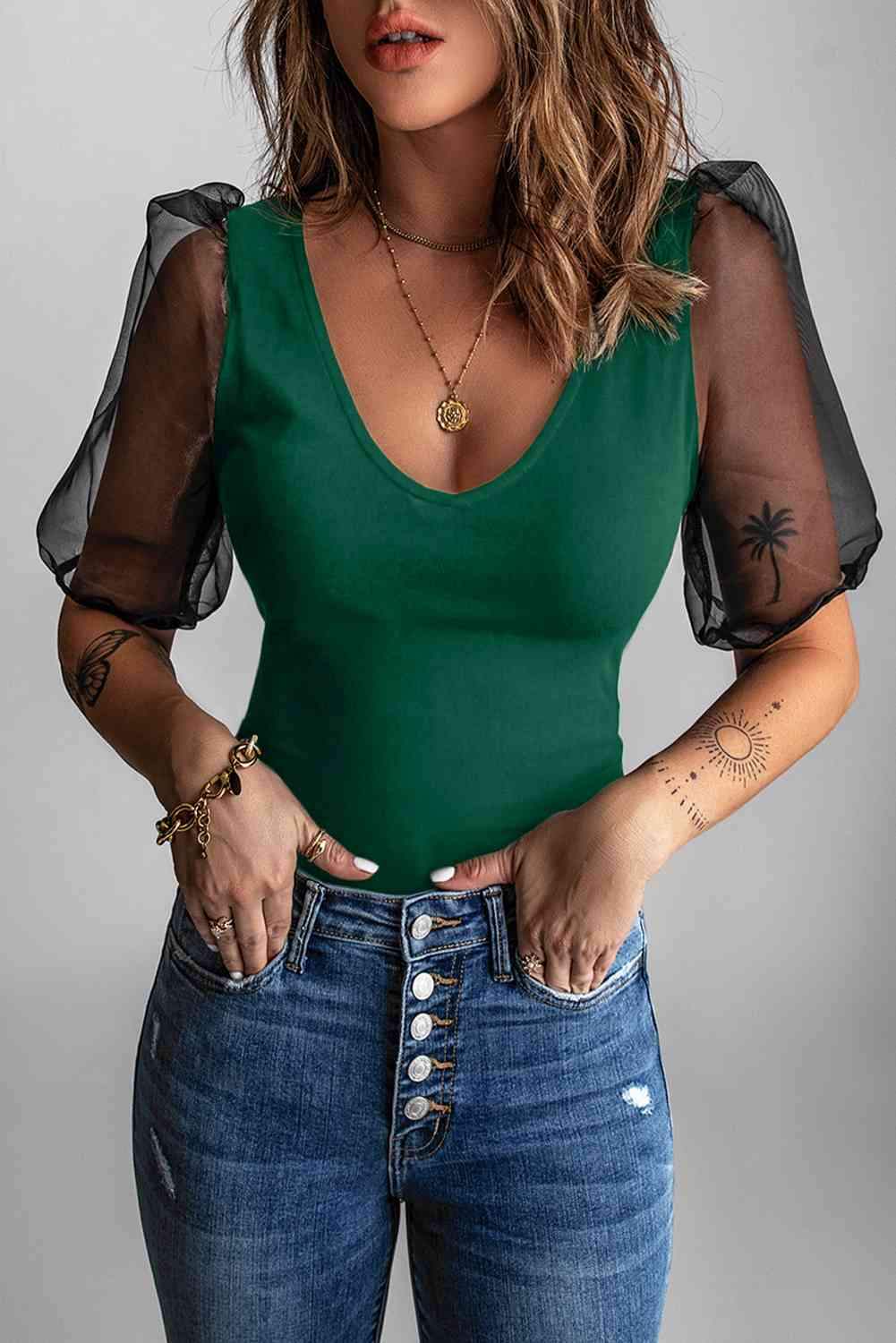 Spliced Mesh Puff Sleeve Blouse Mid Green Blouses - Tophatter Daily Deals