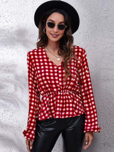 Plaid V-Neck Balloon Sleeve Peplum Blouse Deep Red Blouses - Tophatter Daily Deals