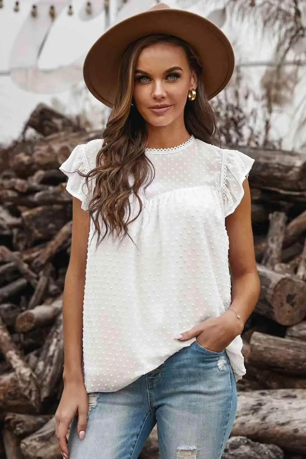 Swiss Dot Flutter Sleeve Round Neck Top White Blouses - Tophatter Daily Deals