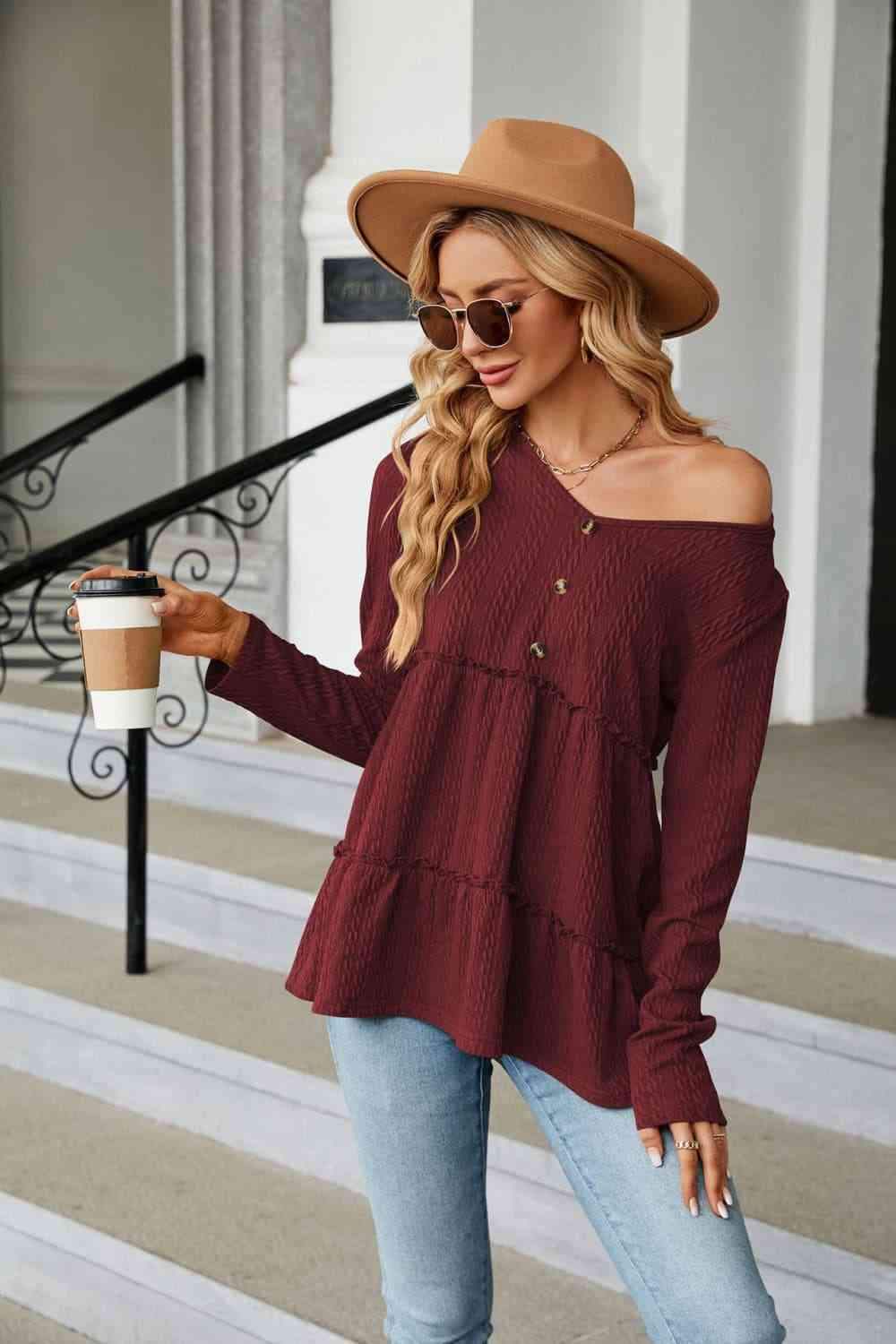 Long Sleeve V-Neck Cable-Knit Blouse Blouses - Tophatter Daily Deals