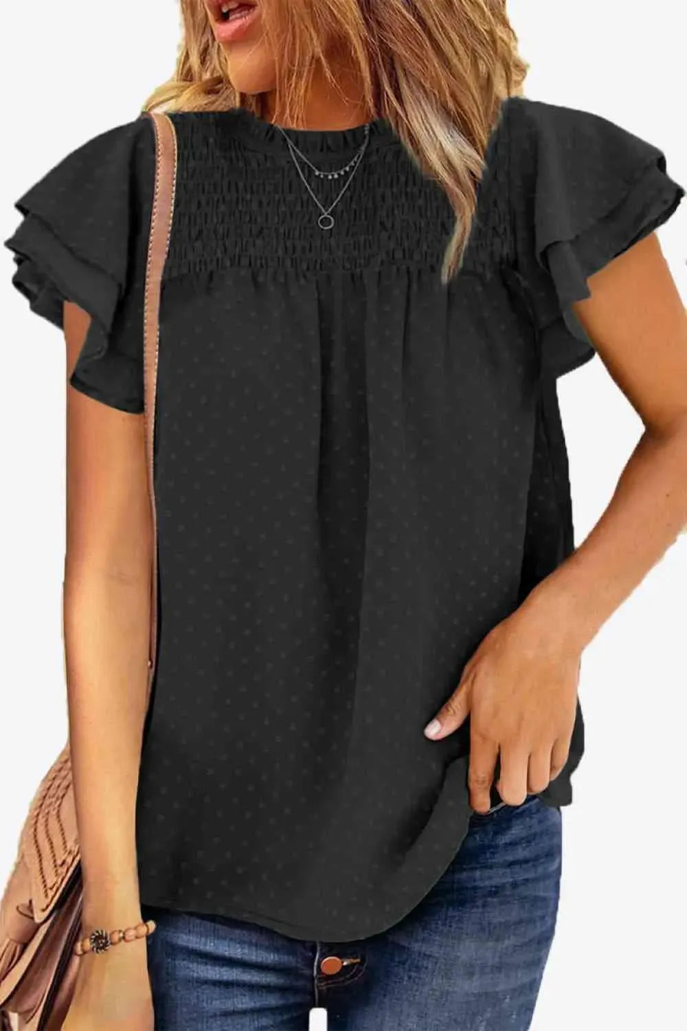 Layered Flutter Sleeve Smocked Blouse Blouses - Tophatter Daily Deals