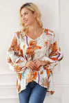 Printed V-Neck Smocked Balloon Sleeve Blouse Blouses - Tophatter Daily Deals