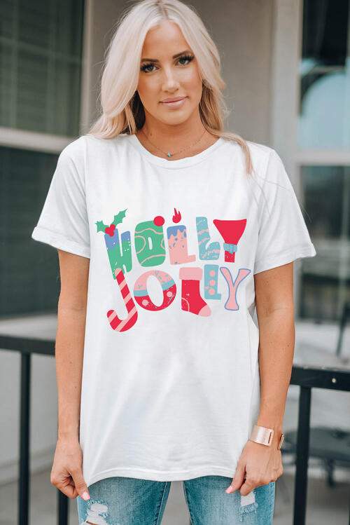 HOLLY JOLLY Round Neck Short Sleeve T-Shirt White Women's T-Shirts - Tophatter Daily Deals