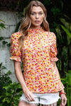 Floral Puff Sleve Keyhole Blouse Peach Blouses - Tophatter Daily Deals