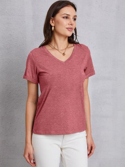 V-Neck Short Sleeve T-Shirt Light Mauve Women's T-Shirts - Tophatter Daily Deals