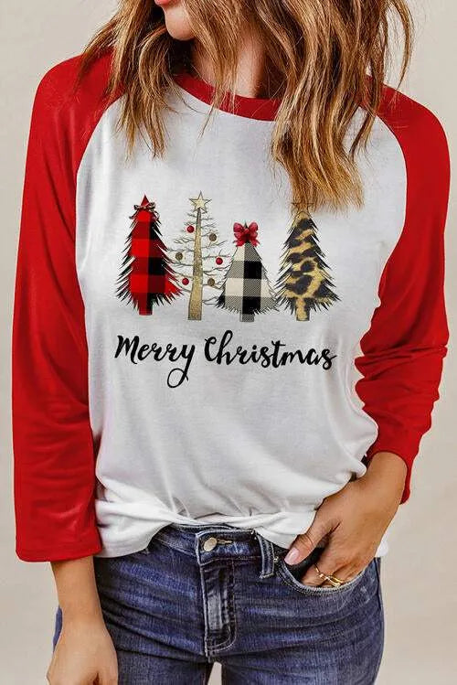 Christmas Tree Graphic Round Neck Long Sleeve T-Shirt Women's T-Shirts - Tophatter Daily Deals