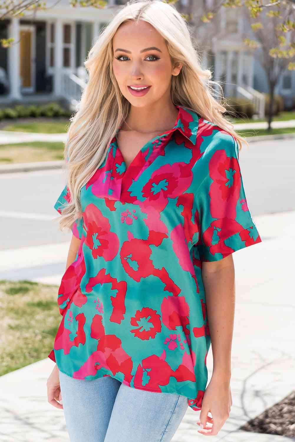 Printed Johnny Collar Short Sleeve Top Teal Blouses - Tophatter Daily Deals