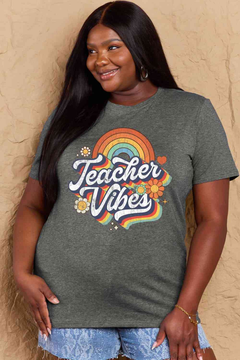 Simply Love Full Size TEACHER VIBES Graphic Cotton T-Shirt Women's T-Shirts - Tophatter Daily Deals