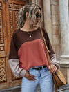 Color Block Waffle-Knit Long Sleeve Top Brick Red Women's T-Shirts - Tophatter Daily Deals