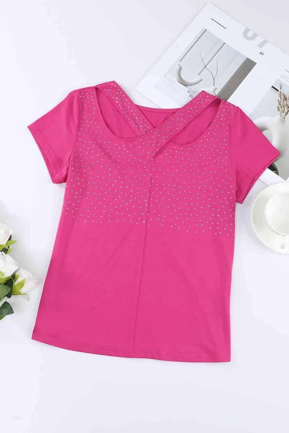 Rhinestone Crisscross Short Sleeve Top Women's T-Shirts - Tophatter Daily Deals